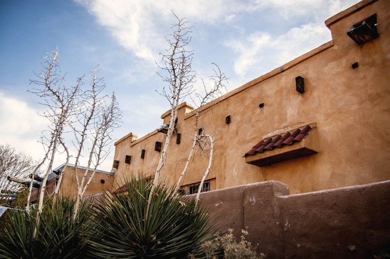 Ochre adobe wall and bare yucca stalks against a blue sky in Albuquerque